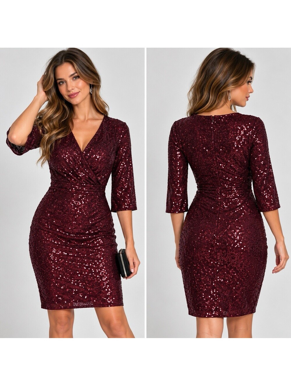 Belle Poque Burgundy Sequin Dress Women M Cocktail Party Wrap V Neck 3/4 Sleeve